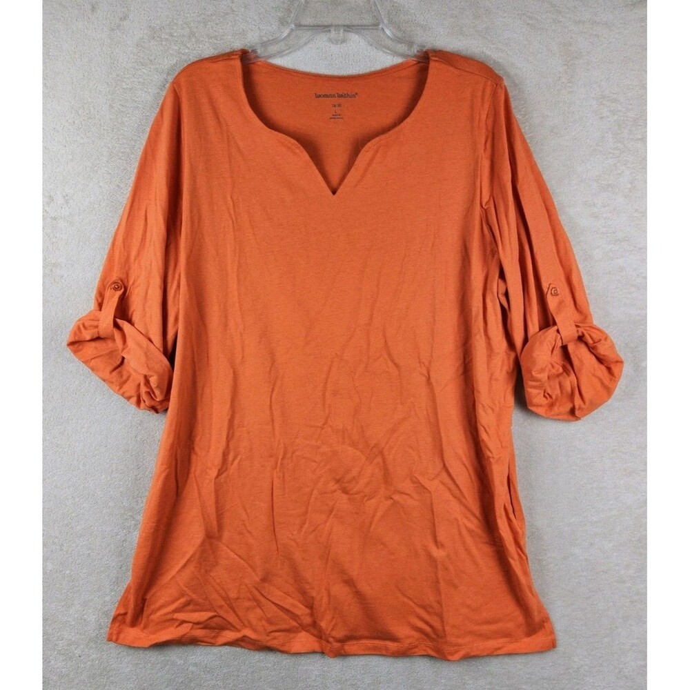 Women Within Women's Roll Tab Sleeve V Neck Cotton Tunic Top Orange Size L 18/20